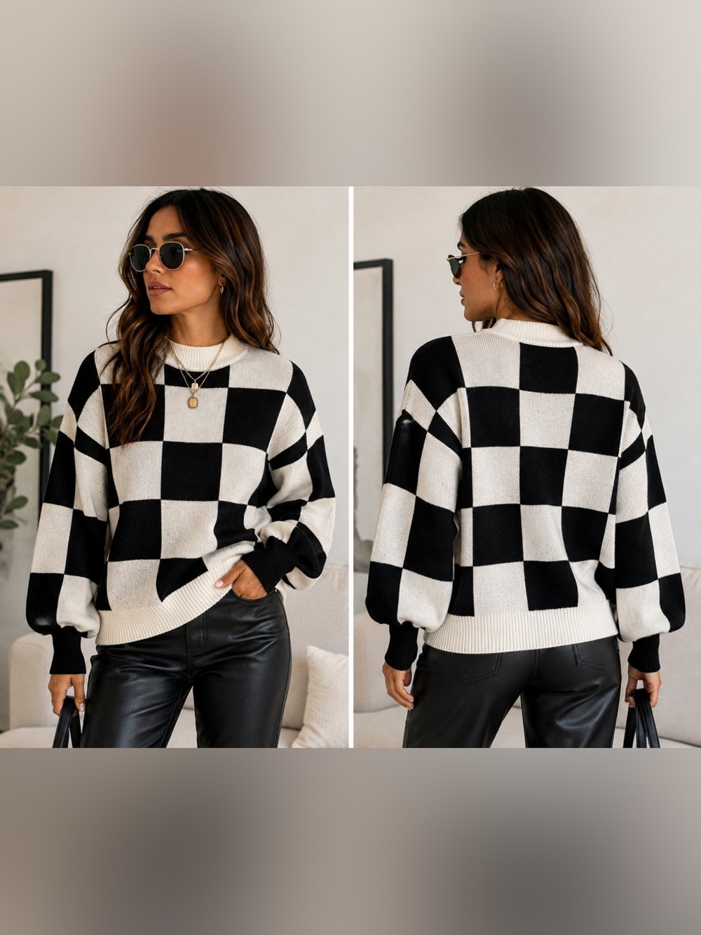 ZESICA Black White Checkerboard Balloon Sleeve Sweater Size Small